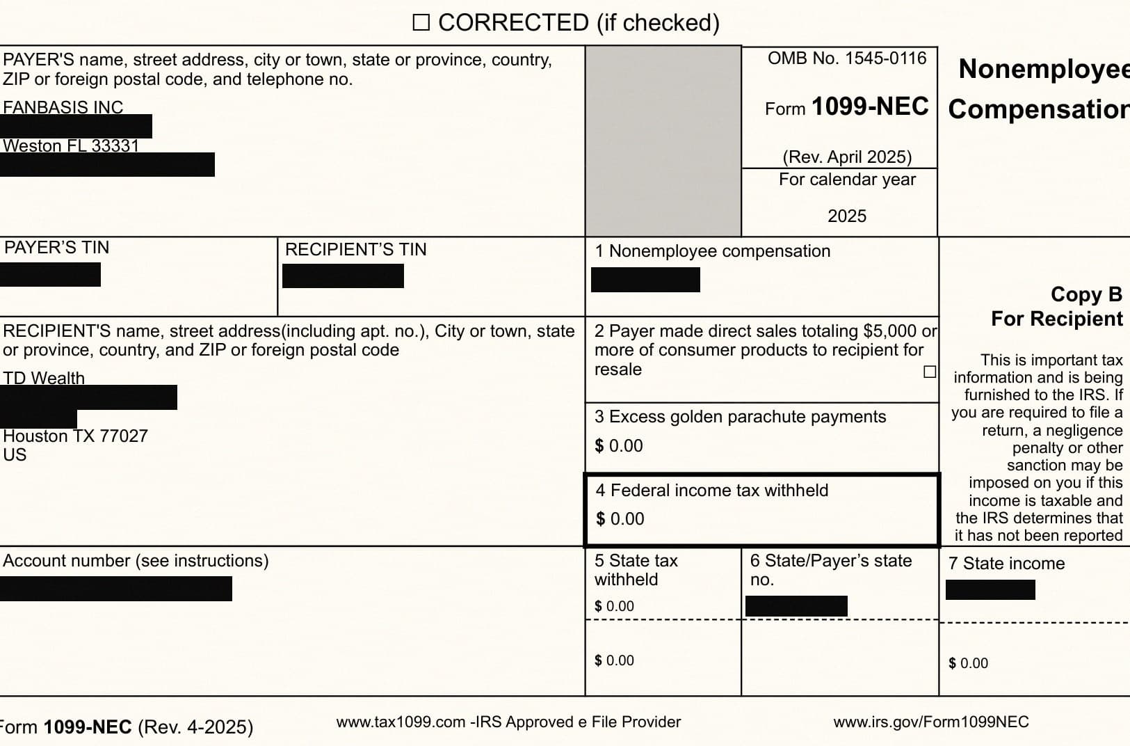 Form 1099-NEC for calendar year 2025 issued by Fanbasis Inc to TD Wealth of Houston, Texas, with amounts and identifiers redacted