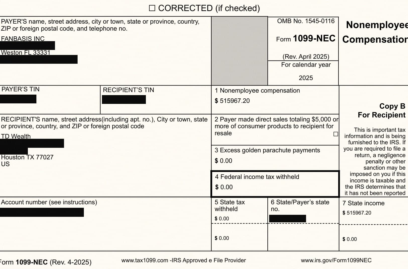 Form 1099-NEC for calendar year 2025 issued by Fanbasis Inc to TD Wealth, Box 1 nonemployee compensation $515,967.20, identifiers redacted